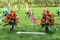 Artificial Cemetery & Memorial Flowers with Vase – Red Rose Gravesite Bouquet, Outdoor Grave Decoration, Weather-Resistant Memorial Arrangement for Headstones (2 Sets)